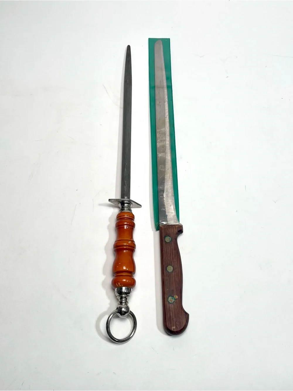 Vtg F Dick Knife Sharpening Steel Wood Handle Germany & Tru-Edge Slicing Knife